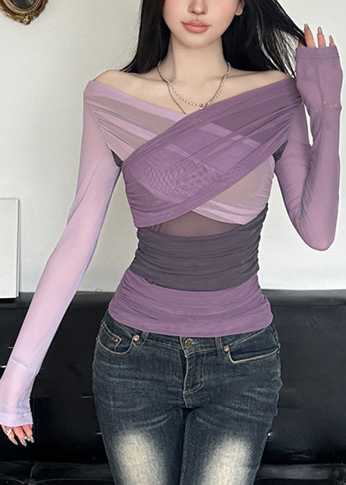 Patchwork Spring Slim Asymmetrical Fit Purple Shirts T Tulle