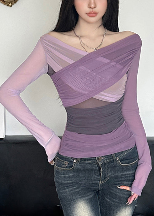Patchwork Spring Slim Asymmetrical Fit Purple Shirts T Tulle
