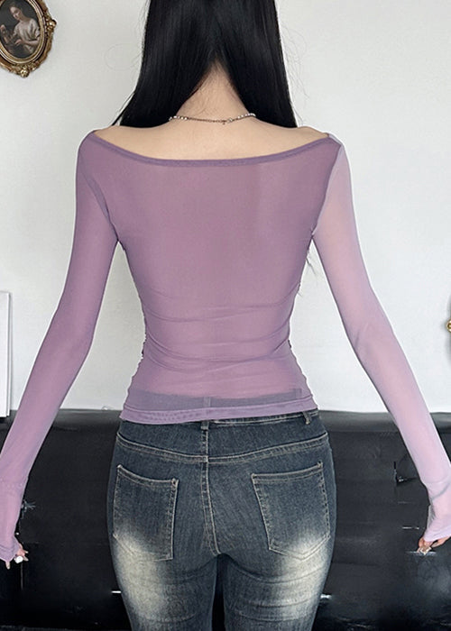 Patchwork Spring Slim Asymmetrical Fit Purple Shirts T Tulle