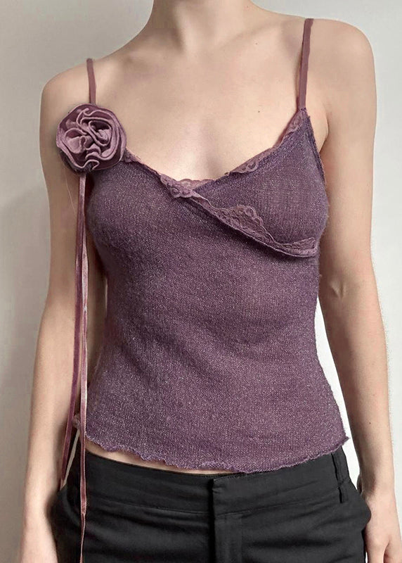 Slim Spaghetti Strap Floral Cotton Lace Purple Fit Knitting Vest
