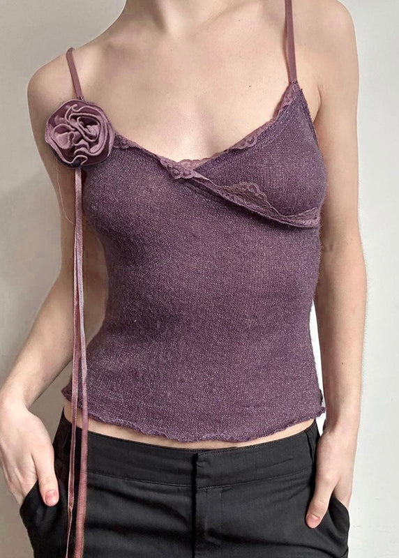 Slim Spaghetti Strap Floral Cotton Lace Purple Fit Knitting Vest