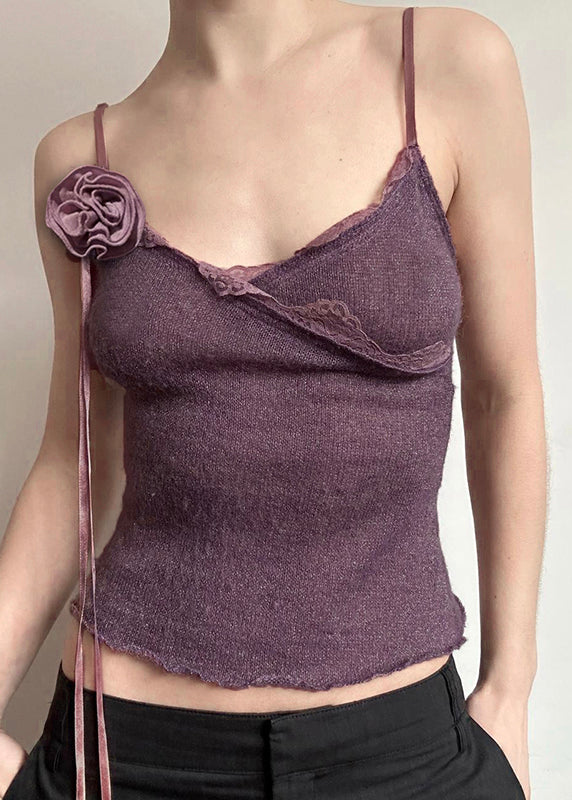 Slim Spaghetti Strap Floral Cotton Lace Purple Fit Knitting Vest