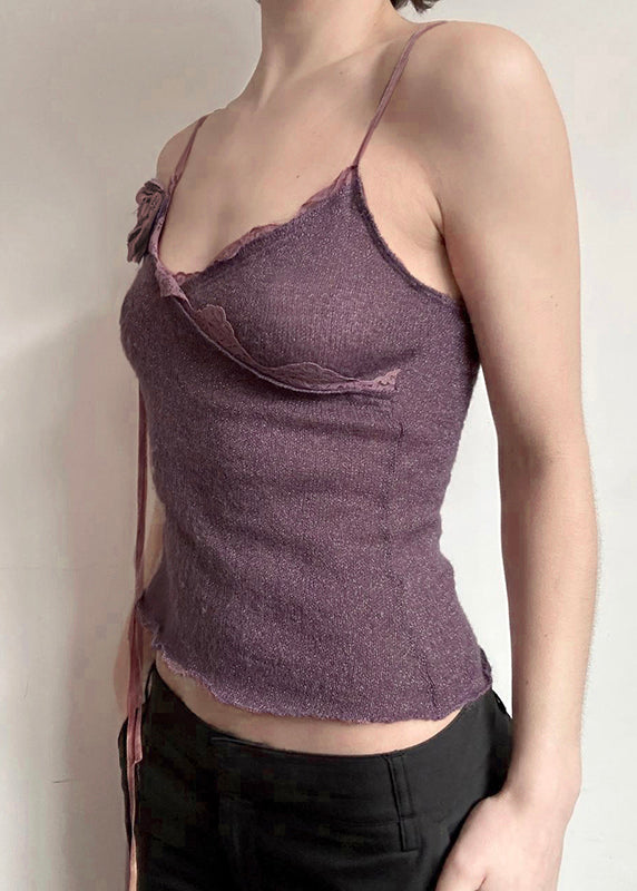 Slim Spaghetti Strap Floral Cotton Lace Purple Fit Knitting Vest