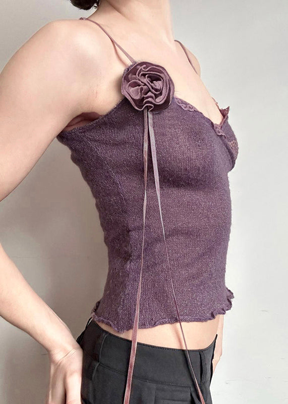 Slim Spaghetti Strap Floral Cotton Lace Purple Fit Knitting Vest