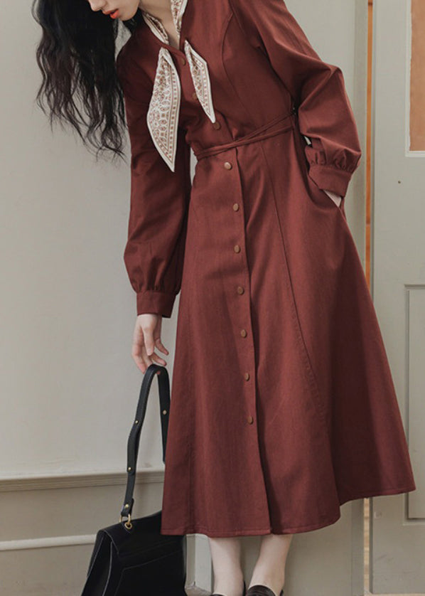 Red Fit Maxi Slim Spring Pockets Bow Button Dress