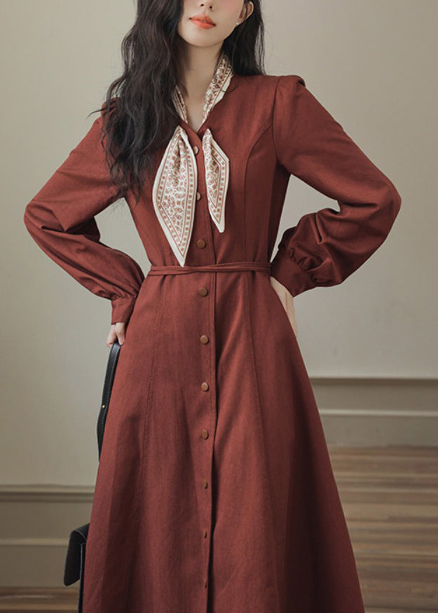 Red Fit Maxi Slim Spring Pockets Bow Button Dress