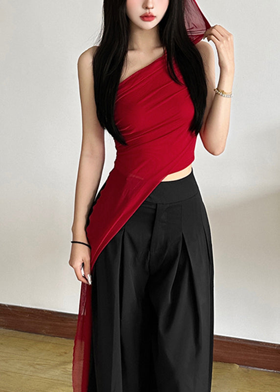 Fit Tulle Slim Sleeveless Shoulder Red One Asymmetrical Shirt
