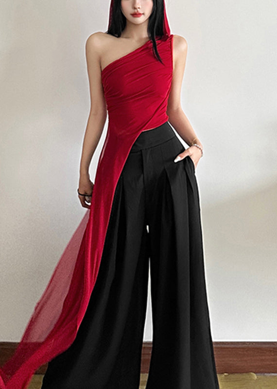 Fit Tulle Slim Sleeveless Shoulder Red One Asymmetrical Shirt