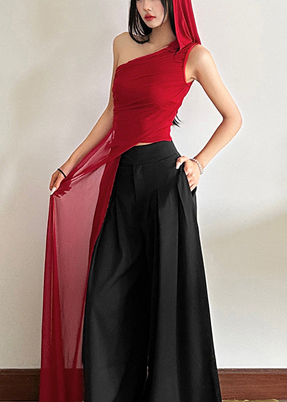 Fit Tulle Slim Sleeveless Shoulder Red One Asymmetrical Shirt