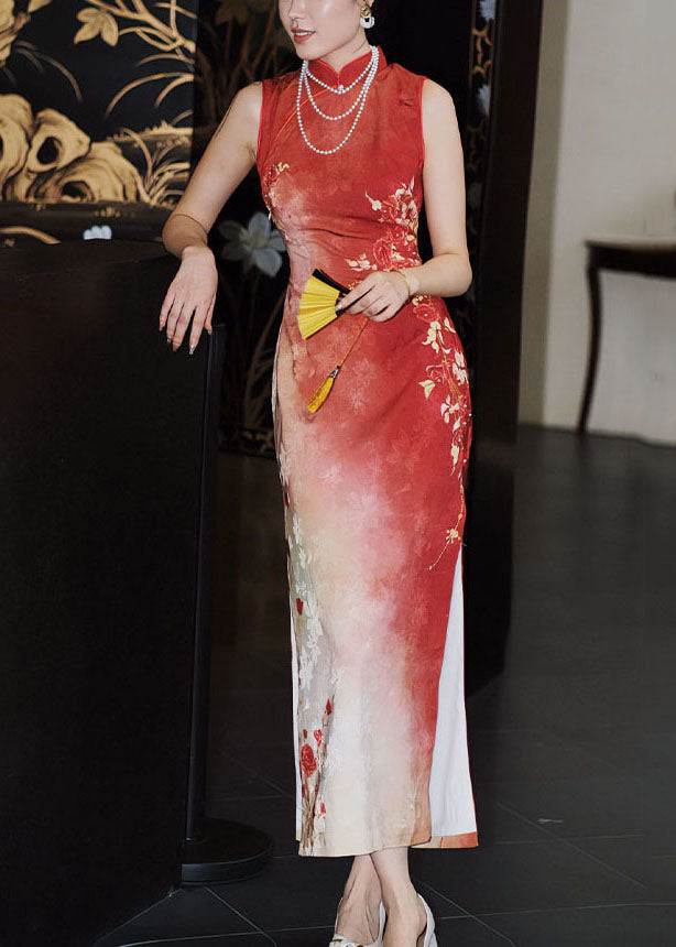 Red Silk Long Collar Fit Side Open Print Slim Stand Dresses