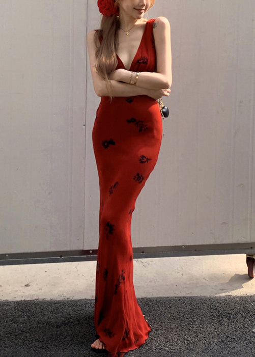 Up Print V Red Slim Lace Neck Fit Maxi Sleeveless Cotton Dresses