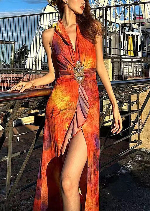 Rotes, schmal geschnittenes, seitlich geöffnetes Baumwollkleid mit V-Ausschnitt und Print, ärmellos KK083