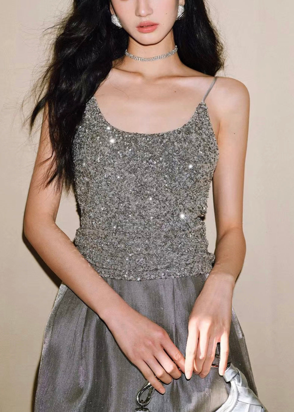 Vest Sequins Silver Backless Spaghetti Fit Strap Slim Sleeveless
