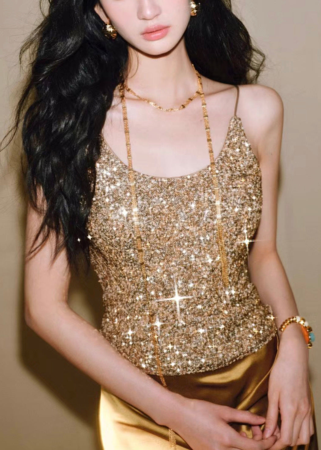 Vest Sequins Silver Backless Spaghetti Fit Strap Slim Sleeveless