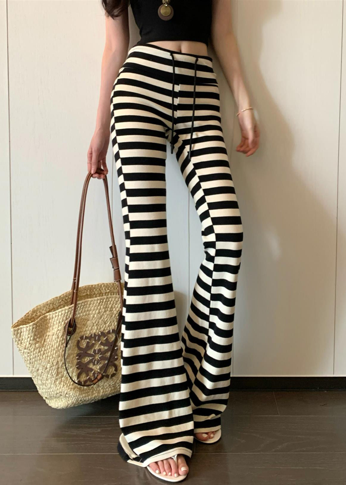 Fit Slim Lace Flared Up Trousers Fall Cotton Striped