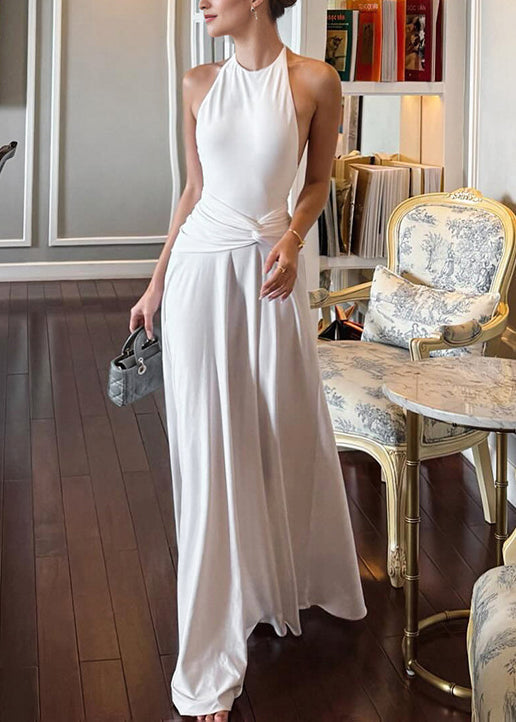 Sleeveless Dress Ankle Backless Slim White Fit Cotton