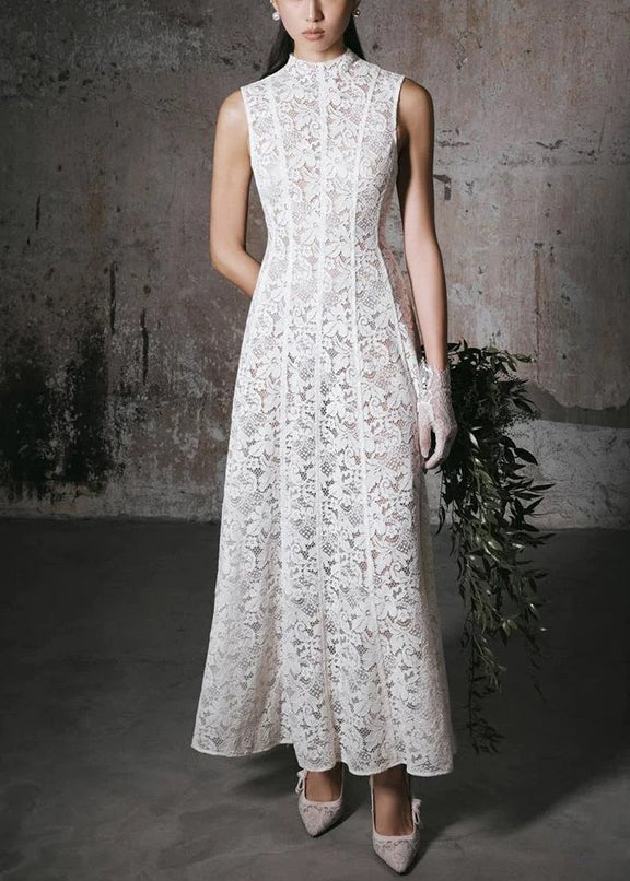 White Slim Long Solid Lace Dress Fit High Waist Sleeveless