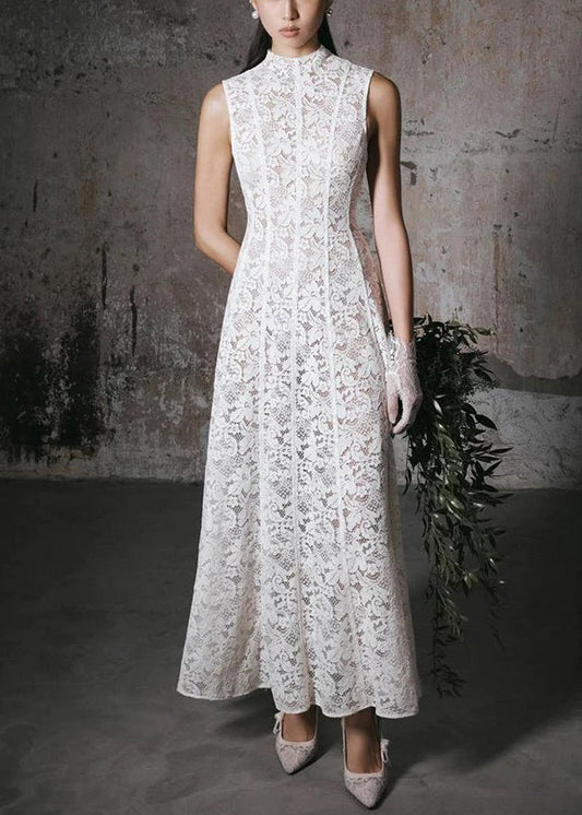 White Slim Long Solid Lace Dress Fit High Waist Sleeveless