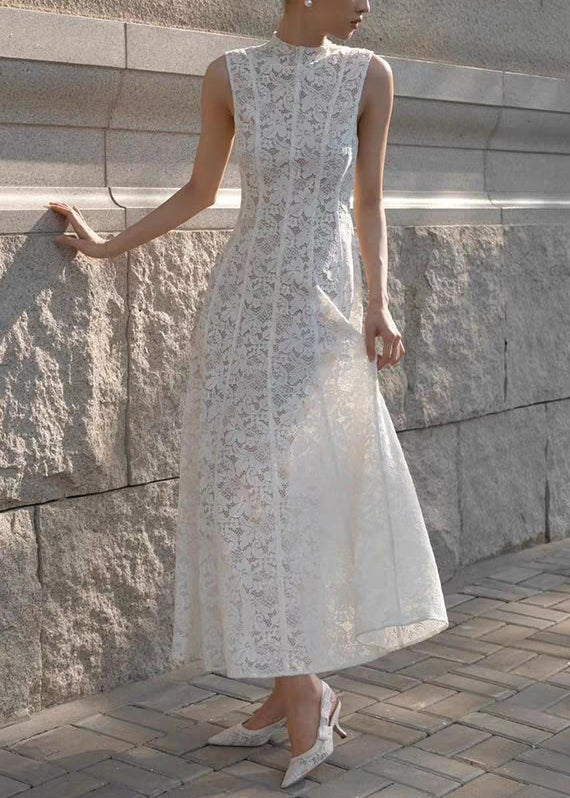White Slim Long Solid Lace Dress Fit High Waist Sleeveless