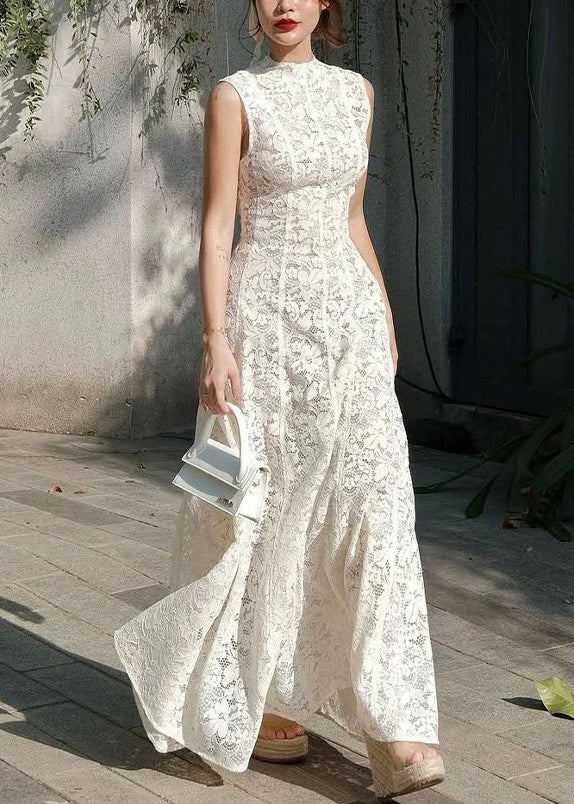 White Slim Long Solid Lace Dress Fit High Waist Sleeveless