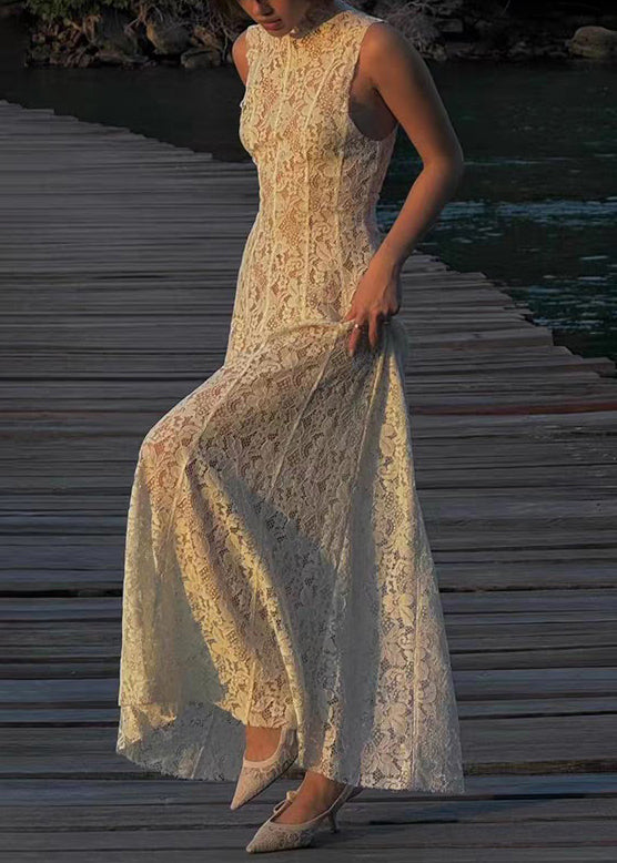 White Slim Long Solid Lace Dress Fit High Waist Sleeveless