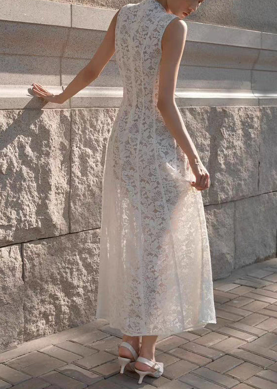 White Slim Long Solid Lace Dress Fit High Waist Sleeveless