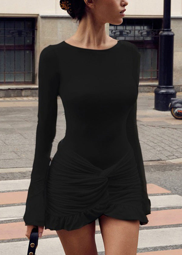 Cotton Fall Wrinkled Dress White Patchwork Mid O-Neck Fit Slim