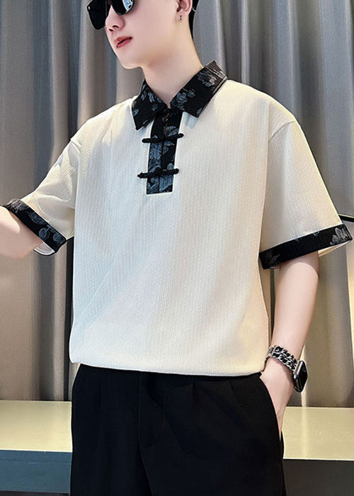 Shirts Fit Slim Men Button White Cotton Polo Patchwork Print