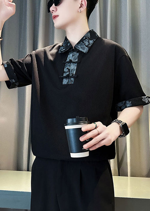 Shirts Fit Slim Men Button White Cotton Polo Patchwork Print