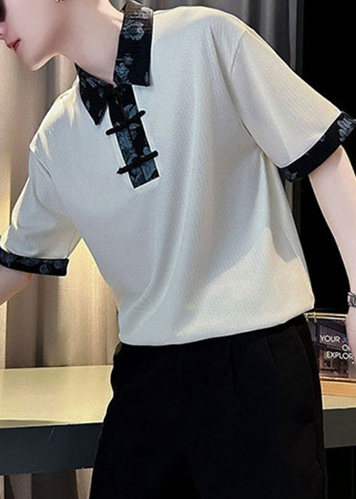 Shirts Fit Slim Men Button White Cotton Polo Patchwork Print