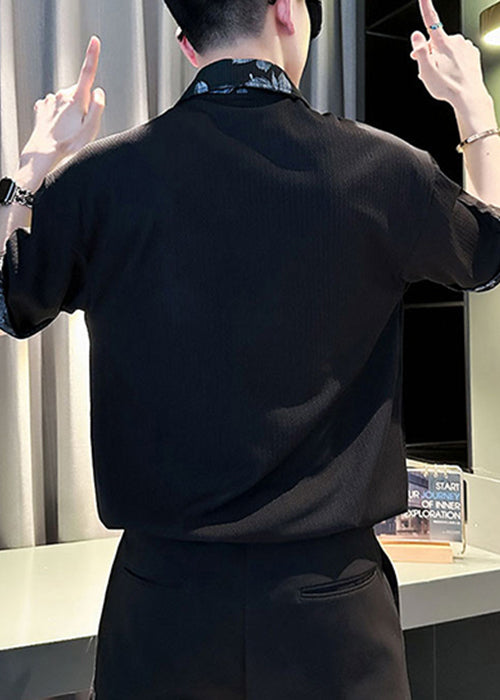 Shirts Fit Slim Men Button White Cotton Polo Patchwork Print