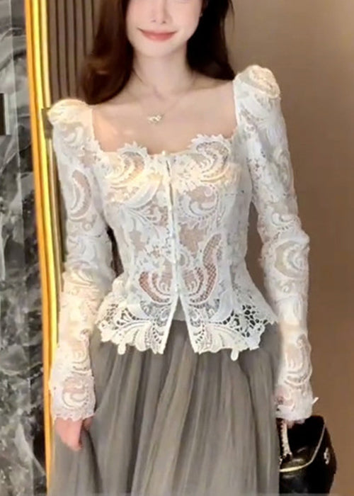 Lace Slim Out Fall Collar Fit Hollow Square White Shirt