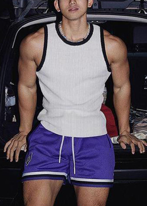 Fit Patchwork White Striped Solid Slim Men Cotton Tank Sleeveless