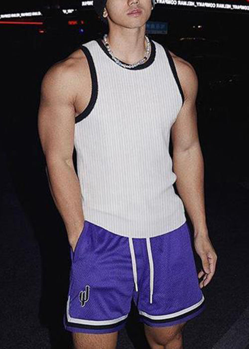 Fit Patchwork White Striped Solid Slim Men Cotton Tank Sleeveless