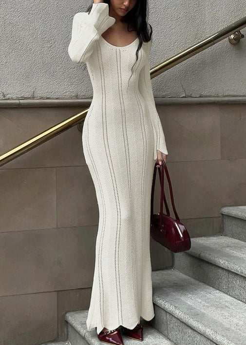 Slim Dress White Long Spring Neck V Out Knit Fit Hollow
