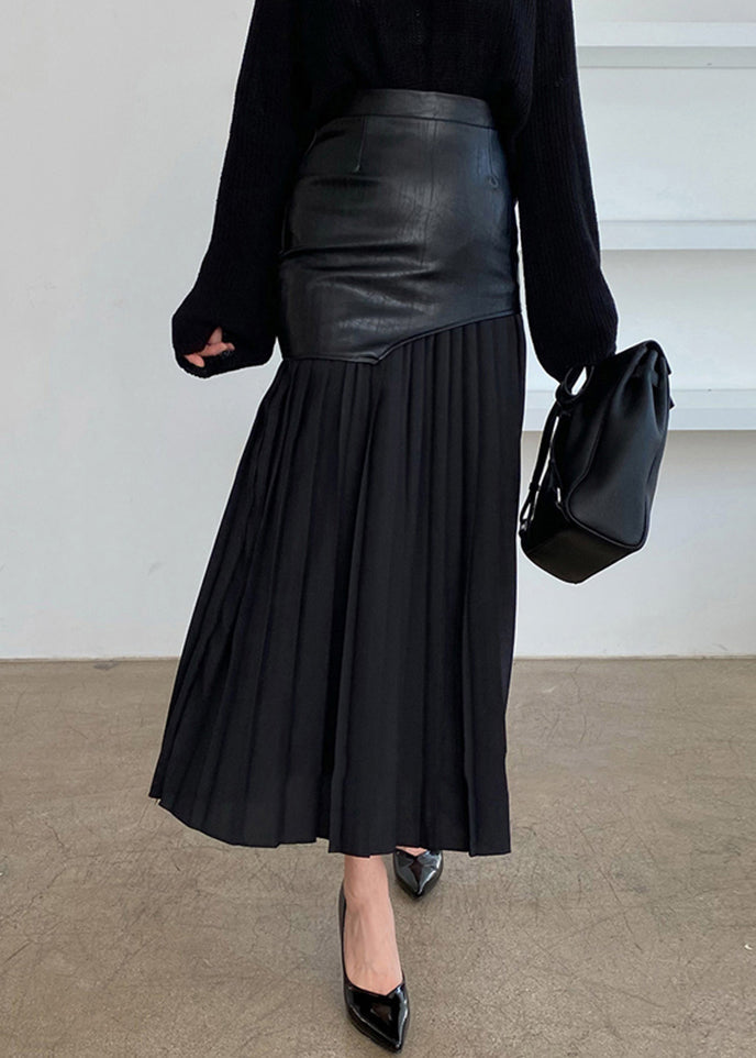 Wrinkled Faux Leather High Patchwork Waist Fit Skirt White Slim