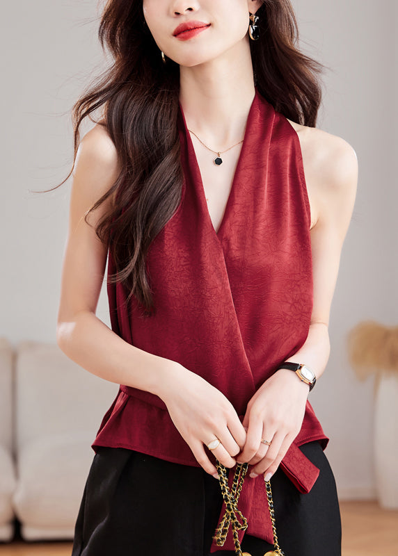Wine Neck Waist Fit Slim Sleeveless V Red Silk Tank Tie