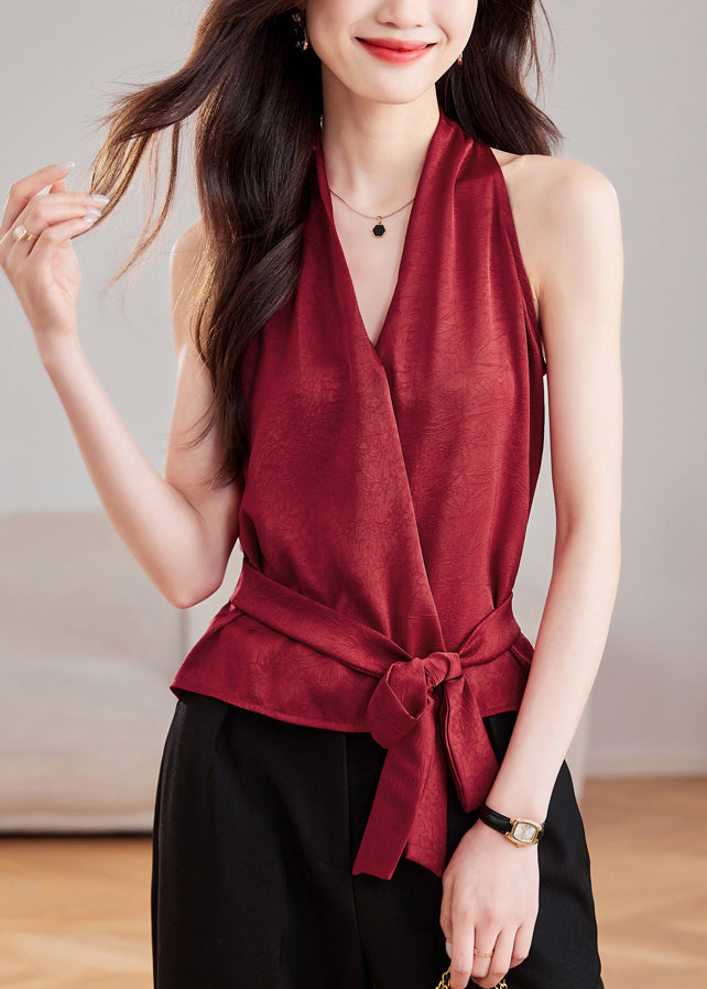 Wine Neck Waist Fit Slim Sleeveless V Red Silk Tank Tie
