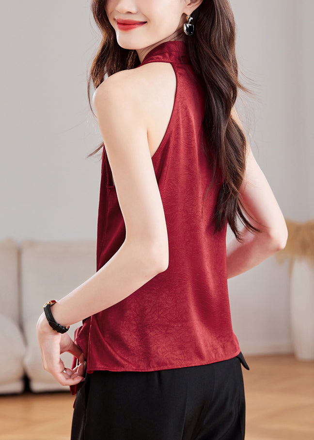 Wine Neck Waist Fit Slim Sleeveless V Red Silk Tank Tie