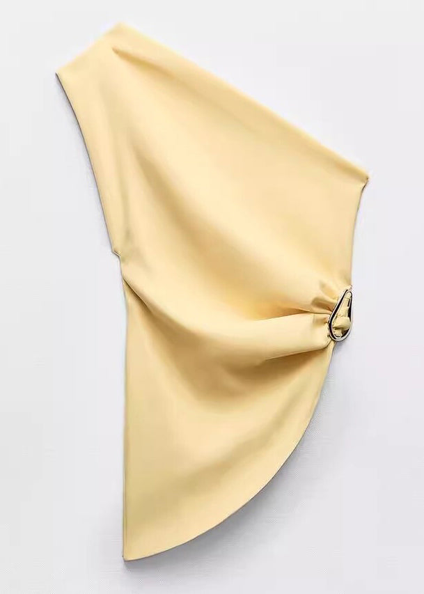 Asymmetrical Shoulder Slim Cotton Vest Cold Solid Fit Yellow