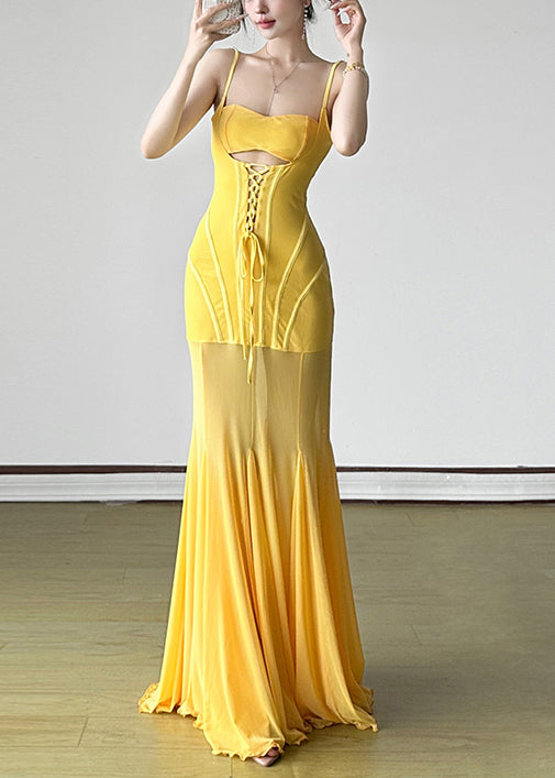 Strap Tulle Yellow Slim Up Waist Dress Spaghetti Lace High Fit