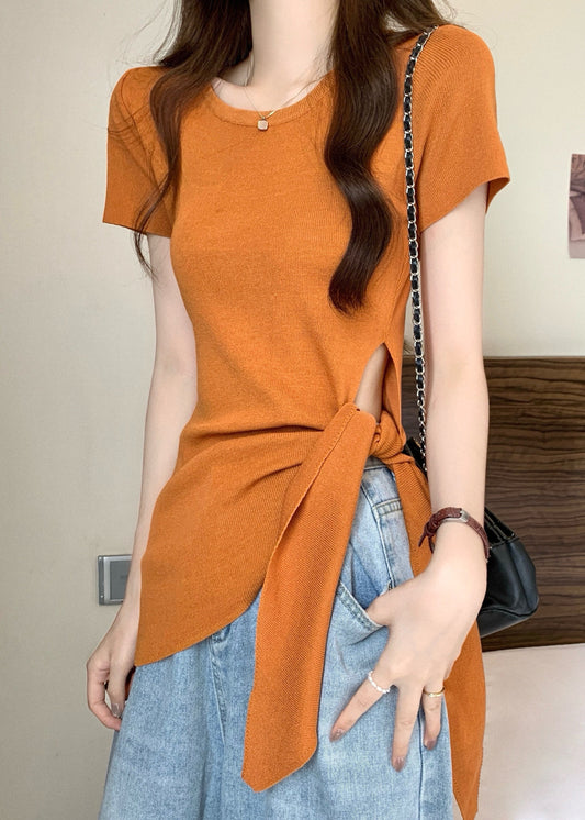 Asymmetrical Yellow Top Summer Out O-Neck Slim Bow Fit Hollow