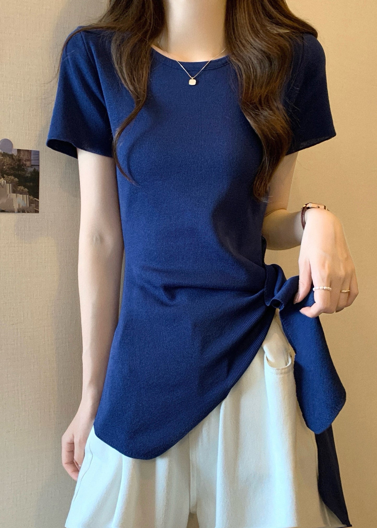 Asymmetrical Yellow Top Summer Out O-Neck Slim Bow Fit Hollow