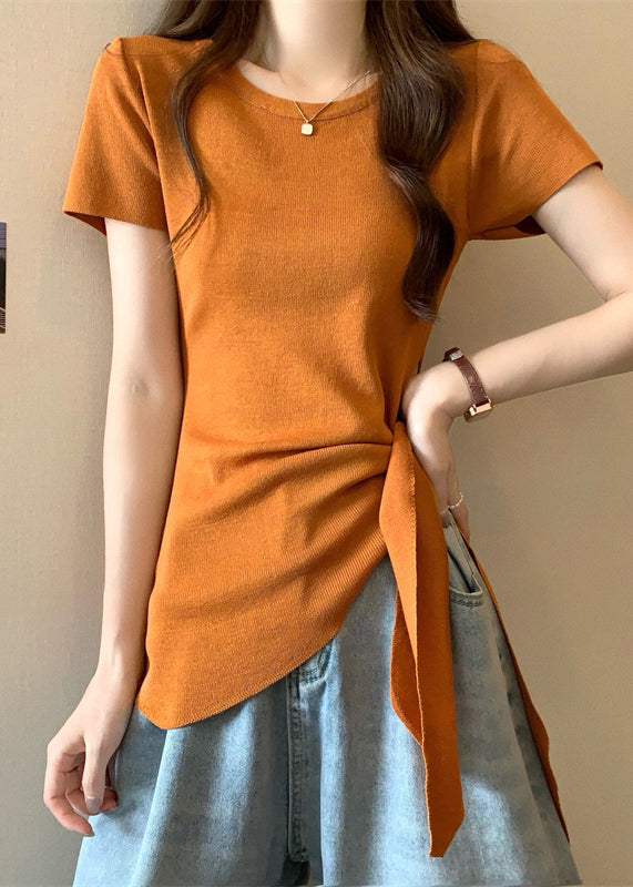 Asymmetrical Yellow Top Summer Out O-Neck Slim Bow Fit Hollow