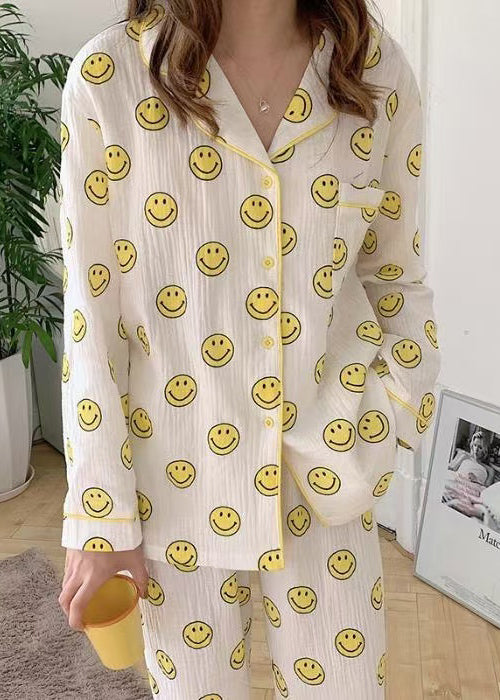 Sleeve Pajama Print Long Notched Cotton Sets Smile