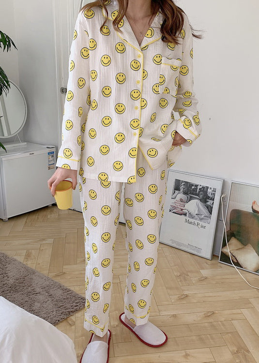 Sleeve Pajama Print Long Notched Cotton Sets Smile