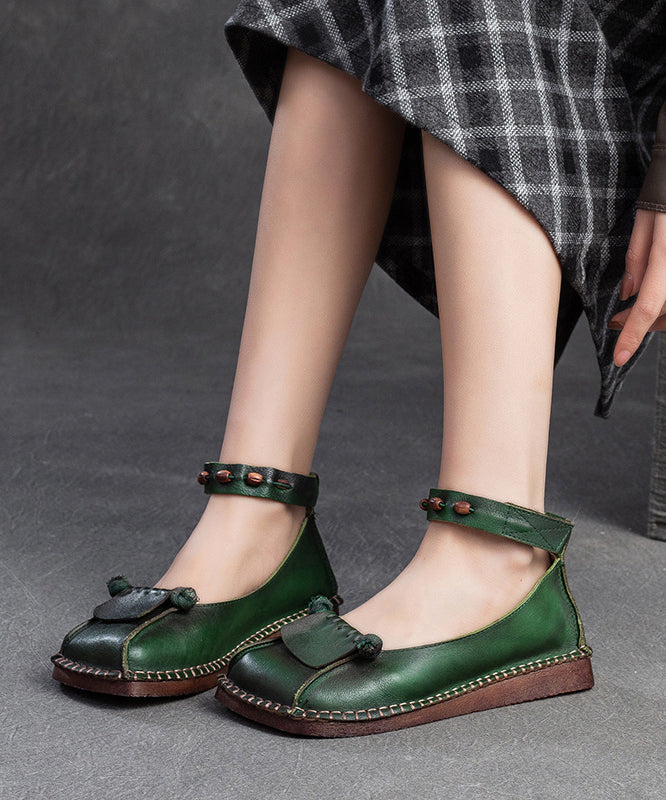 Soft Green Cowhide Leather Splicing Buckle Strap Flats Shoes SL1021