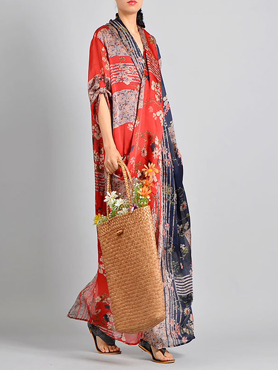 Übergröße, gespleißtes Vintage-Kleid aus Tencel für Damen mit Blumendruck, RR1031