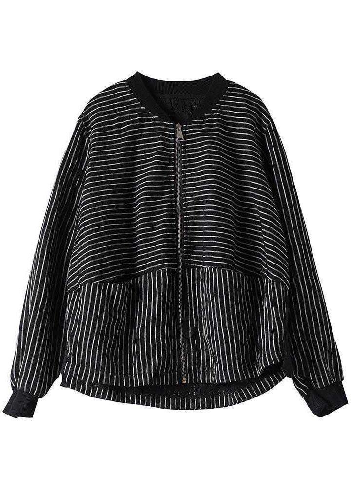 Street Black Striped zippered Pockets Fall Jacket Long sleeve QS060