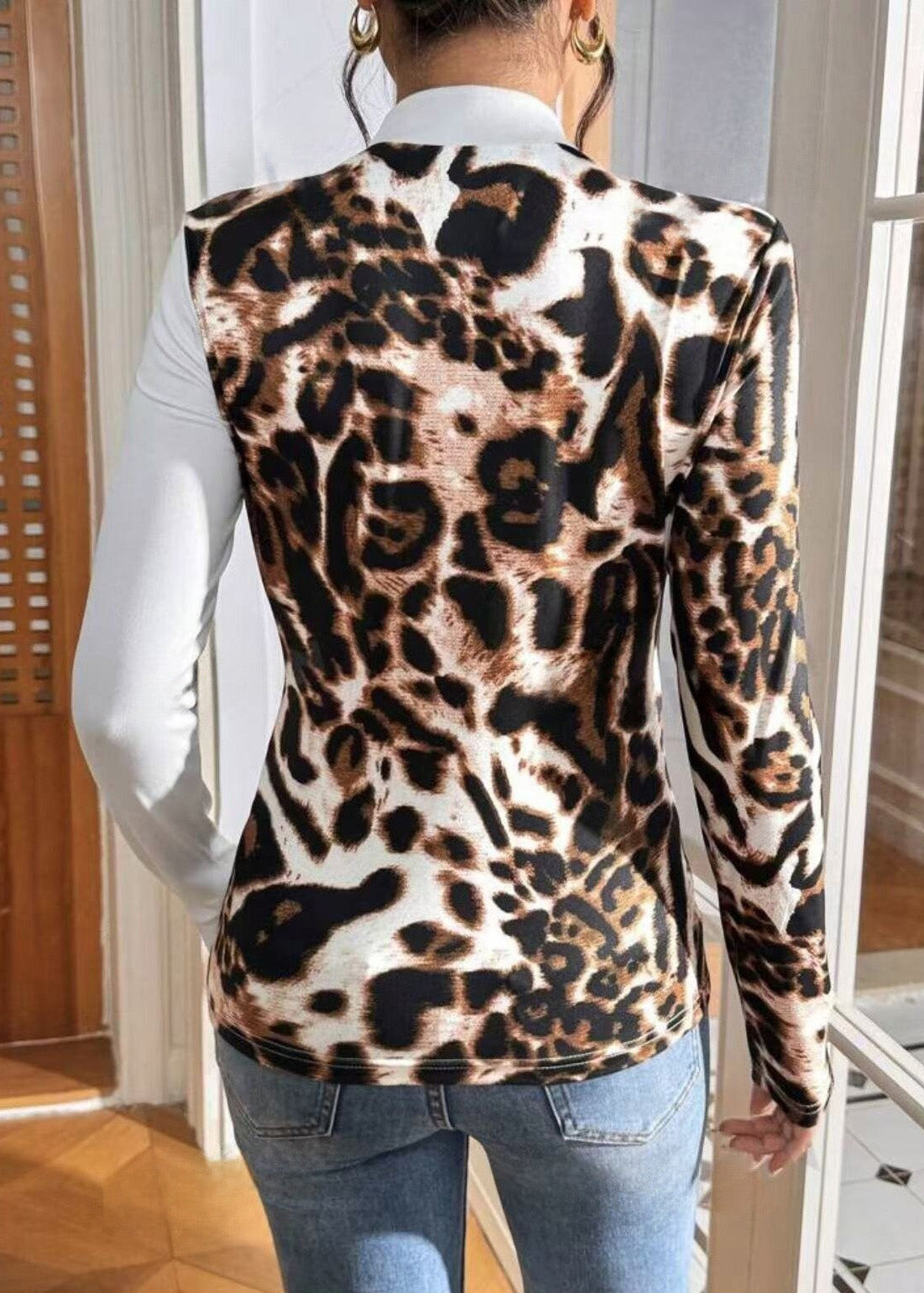 Slim Long Fit Print Sleeved Leopard Patchwork Streetwear T-Shirt